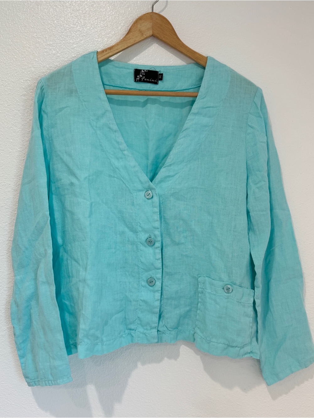 Fenini USA Turquoise 100% Linen V-Neck Shacket Lagenlook Coastal Pocket Artsy M